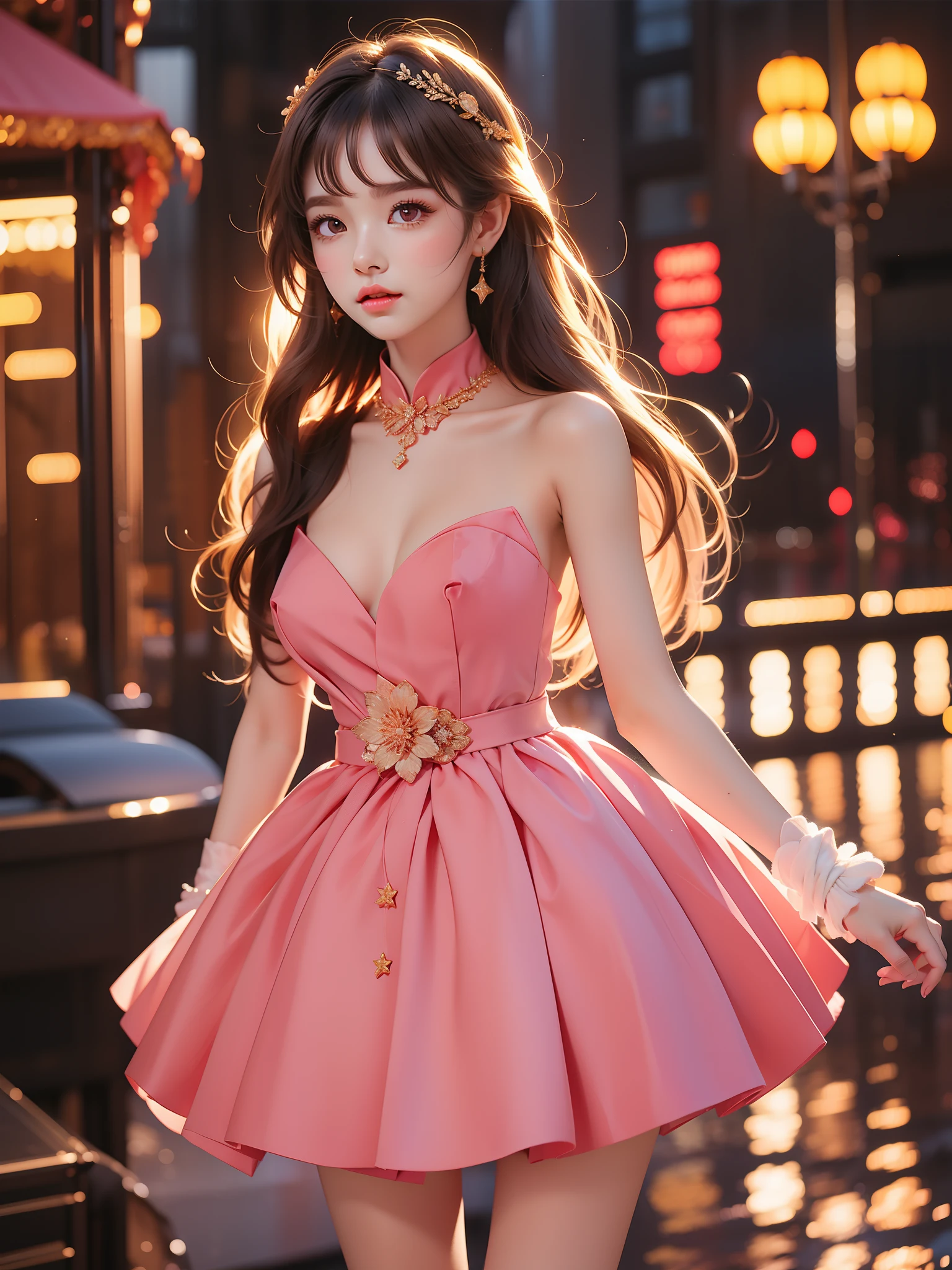 1girl
reine (Asian beauty), ((full body)), ((Natural and elegant posture)), (night, starry sky, space scene), (slim athletic figure: 1.1), (visible cleavage: 0.8), (smooth skin, no deformities: 1.2), relaxed posture, Sexy long legs, The hemlines are short, head tilted, charming smile, hands gently lifted hemline, long shaggy hair flowing, delicate features: (large bright eyes, long eyelashes: 1.1), mouth slightly upturned, expression gentle and confident, (fidelity: 1.1) 1.2), high detail, soft lighting, warm tones