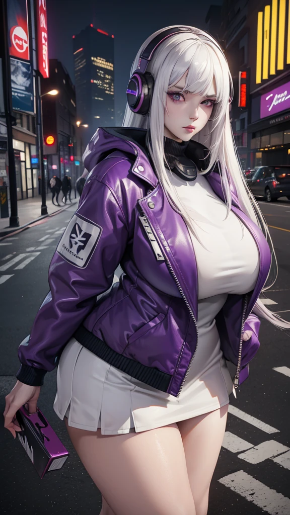 1 Girl, White hair, Long hair, A masterpiece of technical clothing,  best quality,  actual , Realism, Dark purple jacket, portrait,  detailed eyes , Wear headphones, Platinum Hair,  21 year old girl , Fashion pose, Half Body, Wide-angle shooting, On the Street,  cyberpunk