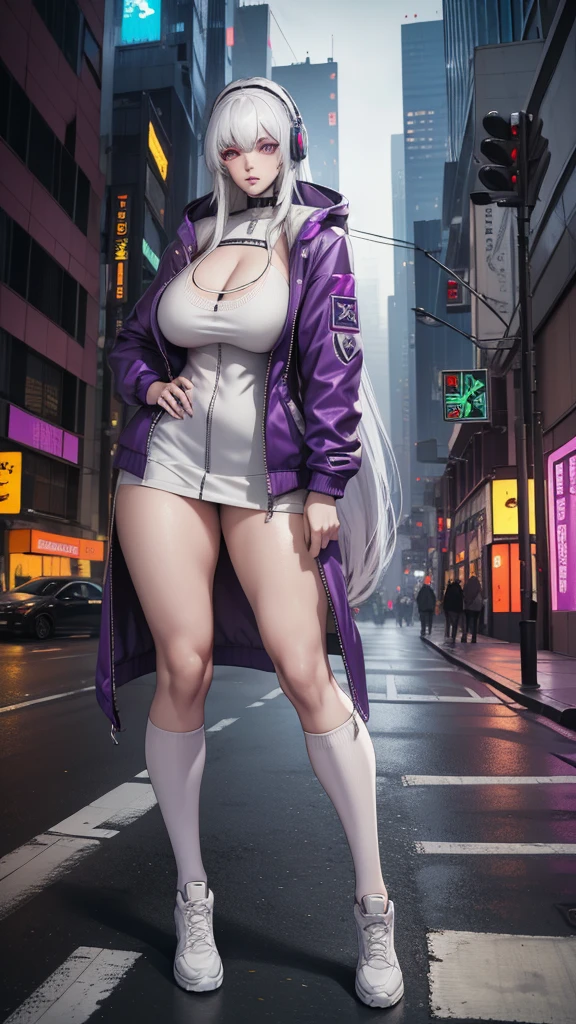 1 Girl, White hair, Long hair, A masterpiece of technical clothing,  best quality,  actual , Realism, Dark purple jacket, portrait,  detailed eyes , Wear headphones, Platinum Hair,  21 year old girl , Fashion pose, Half Body, Wide-angle shooting, On the Street,  cyberpunk