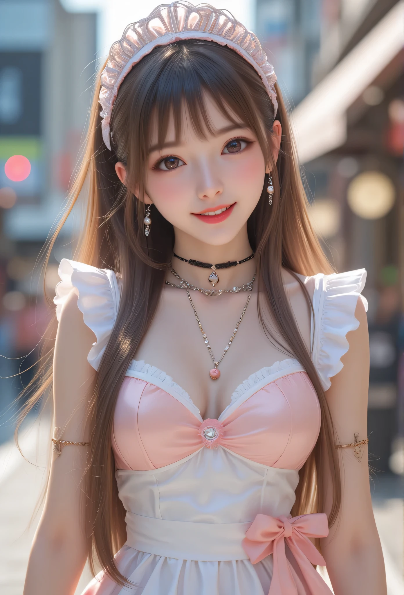 (super cute face:1.2),(sparkling clear attractive large glowing eyes:1.4), (japanese idol face:1.5),very beautiful cute girl, (:1.2),(:1.4),exquisite smooth and silky long brown hair,fair skin,(happy cheerful smile),professional photography ,(very cute maid costume:1.3) ,beautiful apron and skirt ,walking,in the street,cutez