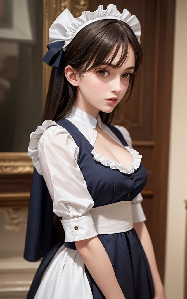 Best Quality, masterpiece, 8k,  super high definition, (Realistic: 1.4), One 18-year-old girl, Beautiful Face,  Symmetrical Eyes ,  perfect body proportions , In a maid outfit, Viewers&#39;sight, (In-flight: 1.2), Front View, Shoulder Jump, Absolute territory (1.3), (Short skirt), Thin fabric panties, Long legs(1.3), Medium Bust