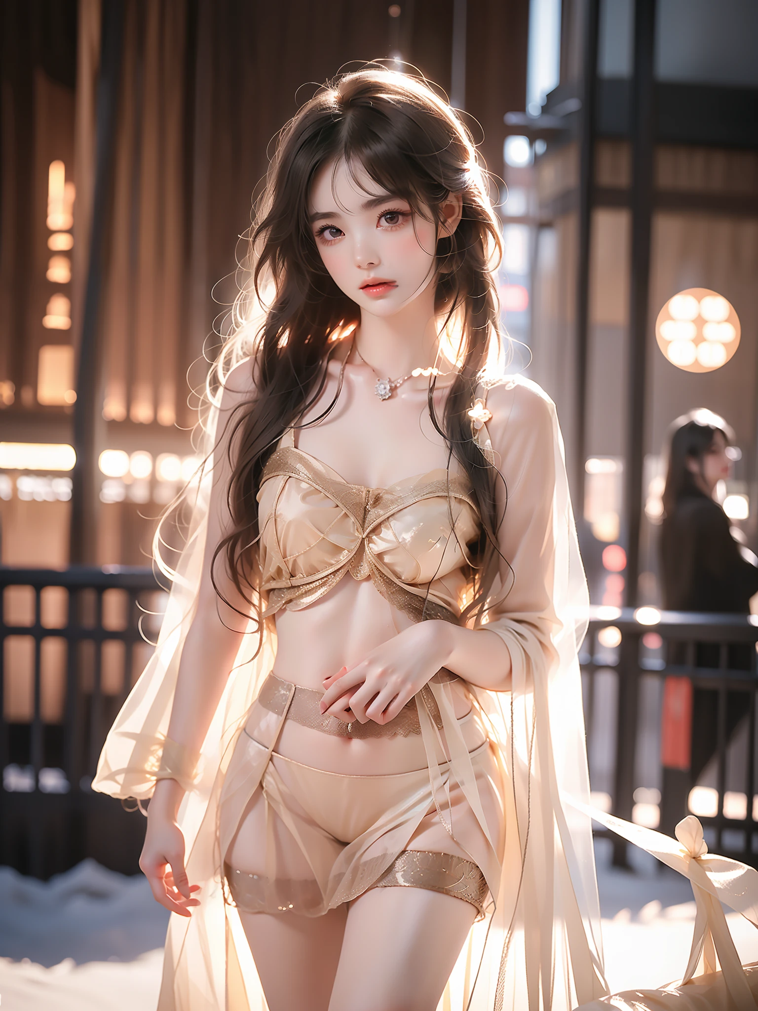 ruanyi (Asian beauty), ((full body)), ((Natural and elegant posture)), (night, starry sky, space scene), (slim athletic figure: 1.1), (visible cleavage: 0.8), (smooth skin, no deformities: 1.2), nvshen, relaxed posture, Sexy long legs, The hemlines are short, head tilted, charming smile, hands gently lifted hemline, long shaggy hair flowing, delicate features: (large bright eyes, long eyelashes: 1.1), mouth slightly upturned, expression gentle and confident, (fidelity: 1.1) 1.2), high detail, soft lighting, warm tones