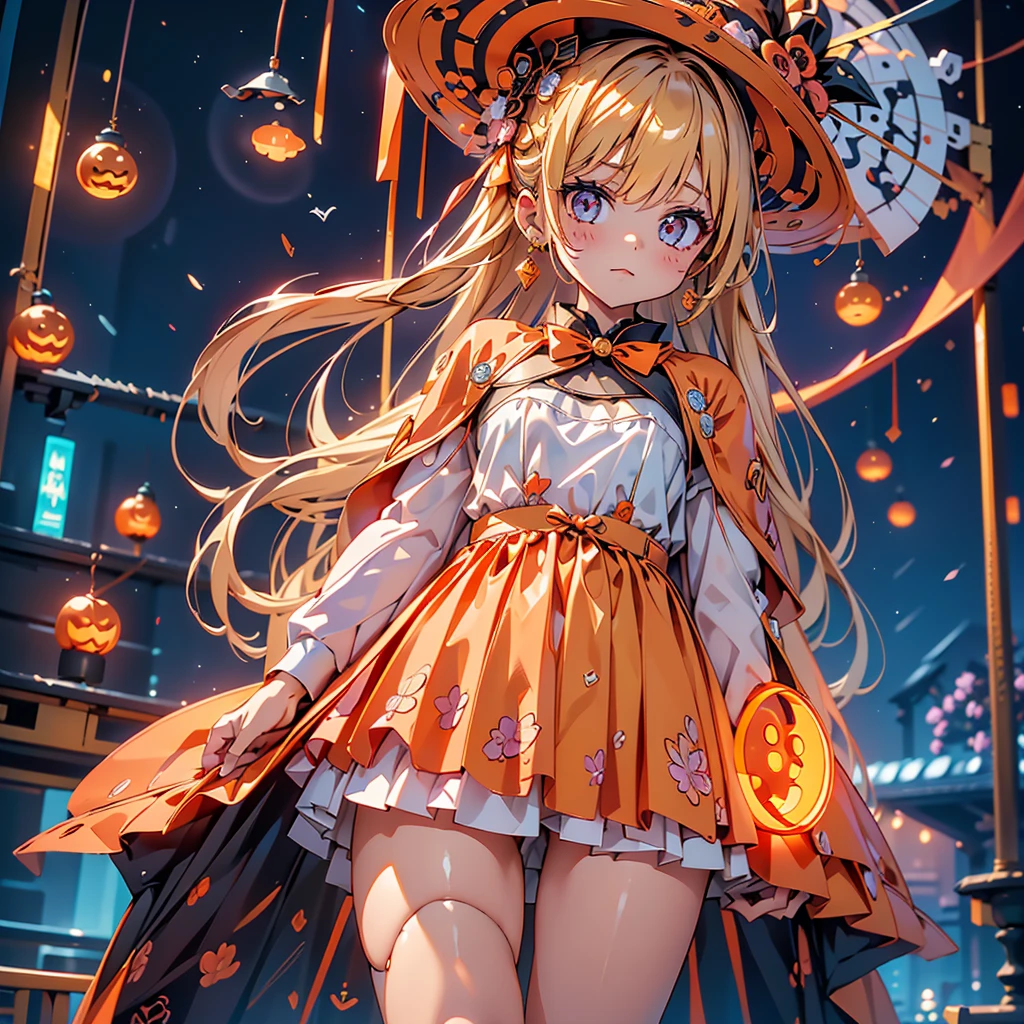  1 girl,((( best quality 、masterpiece、The best configuration、 Perfect Anatomy、Super detailed、High image quality、Golden Ratio)))、 absurd、cute spaceship、Kawaii Tech, pastel color、Halloween、 pumpkin lantern、Orange Neon、 trick or treat、giant silk hat 、Cape、Walking stick、独創的なHalloween、🎃、Simple Background、Orange Neonライト、