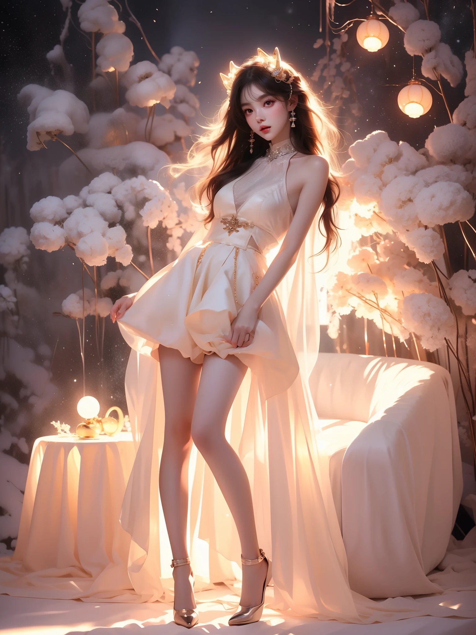 outfit-august,mechanical horns (Asian beauty), ((full body)), ((Natural and elegant posture)), (night, starry sky, space scene), (slim athletic figure: 1.1), (visible cleavage: 0.8), (smooth skin, no deformities: 1.2), nvshen, relaxed posture, Sexy long legs, The hemlines are short, head tilted, charming smile, hands gently lifted hemline, long shaggy hair flowing, delicate features: (large bright eyes, long eyelashes: 1.1), mouth slightly upturned, expression gentle and confident, (fidelity: 1.1) 1.2), high detail, soft lighting, warm tones