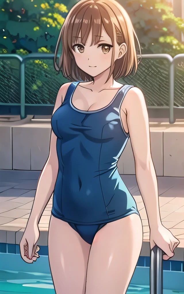 whole body，Cowboy Style, best quality ,(((( Kampala)))),    perfect lighting, (((  very detailed CG))), bangs,   school swimsuit , one piece swimsuit,  Brown Eyes , Brown Hair, ,  Gazing at the audience,  short hair,School，Pool,Outdoor