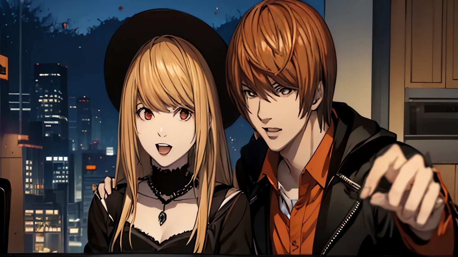 2 people; 1 man; 1 woman; 2 characters; 2 anime characters; 2 characters from the anime Death Note; male character; female character; character Light Yagami; character Misa Amane; male character Light Yagami; female character Misa Amane; character Light Yagami from the anime Death Note; character Misa Amane from the anime Death Note; a couple; a couple on Halloween; Light Yagami; Light Yagami dressed up for Halloween; Light Yagami dressed as a vampire; Light Yagami dressed as a vampire for Halloween; Misa Amane; Misa Amane dressed up for Halloween; Misa Amane dressed as a witch; Misa Amane dressed as a witch for Halloween; sunset as background; Halloween themed streets as background; dark setting; scary ambiance; vampire fangs; vampire cape; witch hat; witch's cloak;