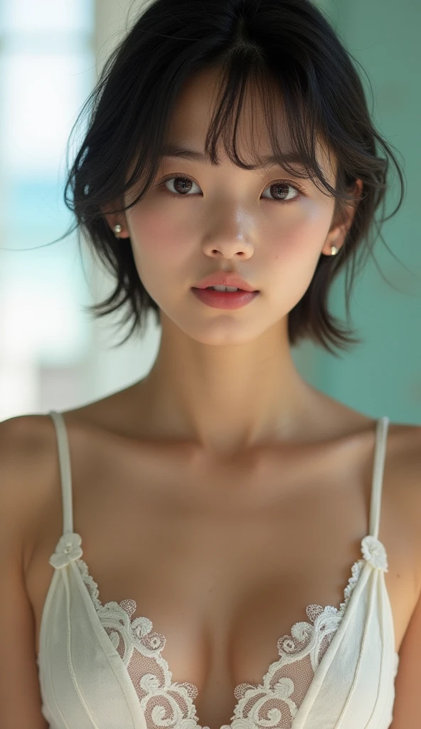 Japanese short hair50A woman in her 40s is wearing underwear but her pubic hair is sticking out, making her look embarrassed.