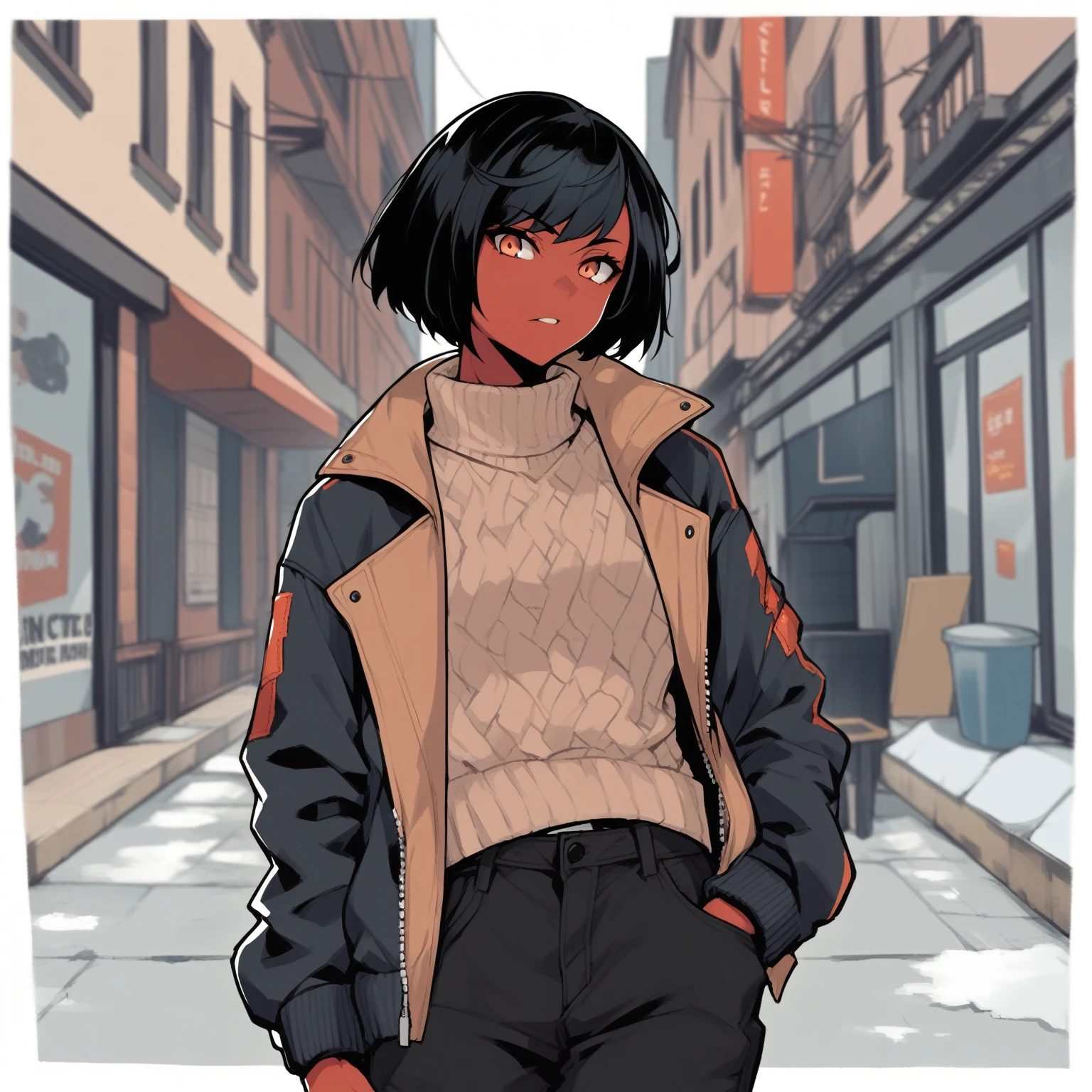 Redna comics,1 young woman, average and athletic build, 1m75 tall,red skin,average musculature, slim muscular, short black hair cut in a bob, amber eyes, hip hop streetwear clothing style,jacket and big sweater,black baggy slim jeans, illustration ,full body, street in background
