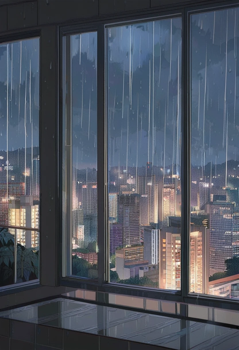 (Best Quality),  Kampala, Rainy Day,  It's Raining, Large windows,  city views from inside the house,  can see the scenery from the window, Inside the room,  beautiful view, night,  Side Angle, Inside the roomは濡れてない, 家の中から