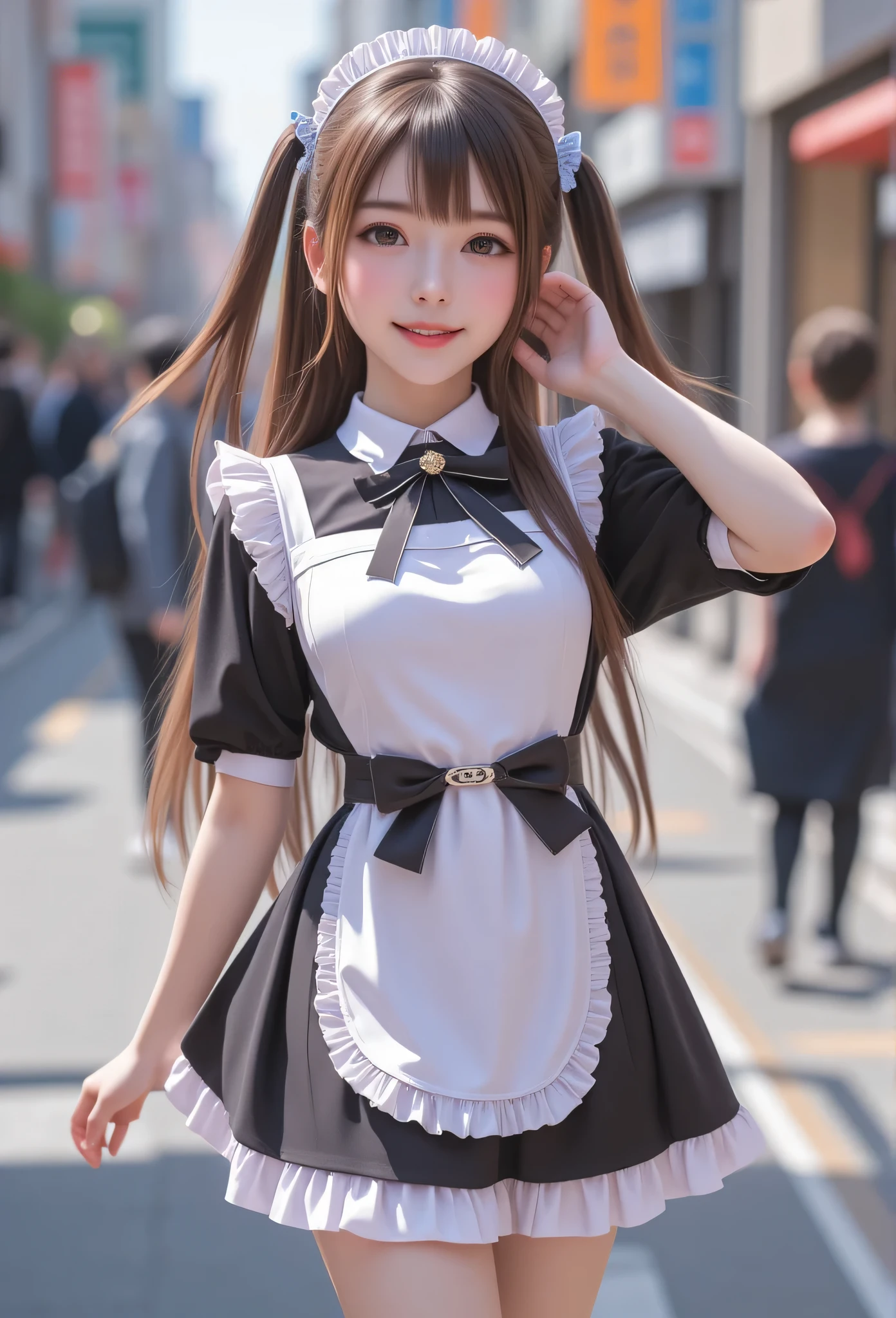 (super cute face:1.2),(sparkling clear attractive large glowing eyes:1.4), (japanese idol face:1.5),very beautiful cute girl,(baby face:1.4),exquisite smooth and silky long brown hair,fair skin,(happy cheerful smile),professional photography ,(very cute maid costume:1.3) ,beautiful apron and skirt ,walking,in the street,cutez