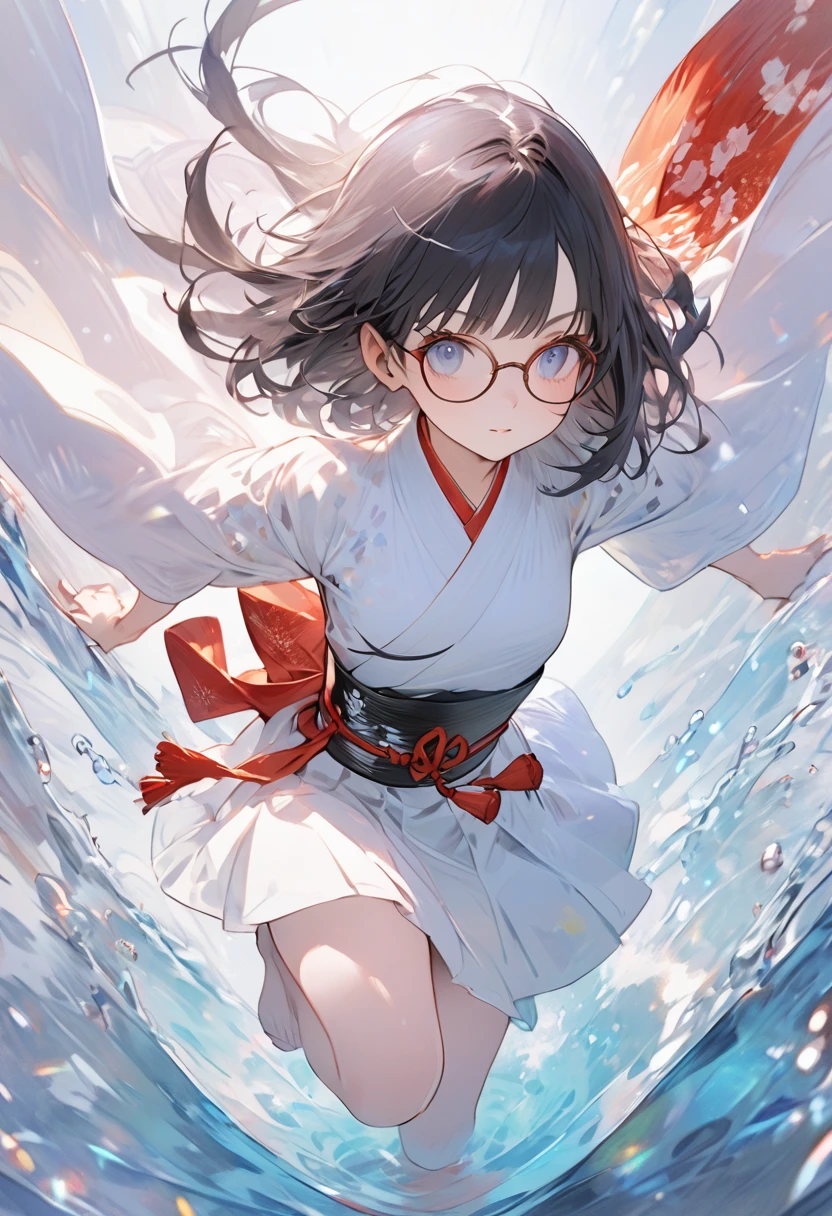 (Fantasy Illustration,Glasses:1.5), (Alone:1.2), (masterpiece, Best Quality,  best quality ,Beautiful and aesthetic:1.2,Professional illustrations:1.1, Ultra Detailed :1.3, perfect lighting),  full body portrait 、(Elf、Glasses、Beautiful silver hair、 Short Twin Tails :1.2)、 very detailed,  Highest detail,   unbelievably ridiculous ,  Kampala,  Ultra Detailed ed, Complex:1.6, (girl),  very detailed and beautiful face and eyes , Beautiful Hair, Bob Hair,  short bang in full body water, (Red ribbon on the back of the hair :1.2), (  Samurai Spirits Nakoruru costume:1.2),  glitter skin , (Abstract:1.2), , Go up, (Small stature,  Medium Breasted  ), Speed, Dagger Master,