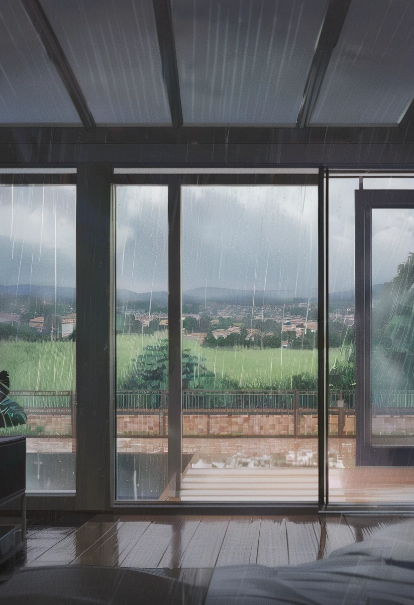 (Best Quality),  Kampala, Rainy Day,  It's Raining, Large windows, Countryside view,  can see the scenery from the window, Inside the room,  beautiful view, noon,  Side Angle, Inside the roomは濡れてない, From inside the house