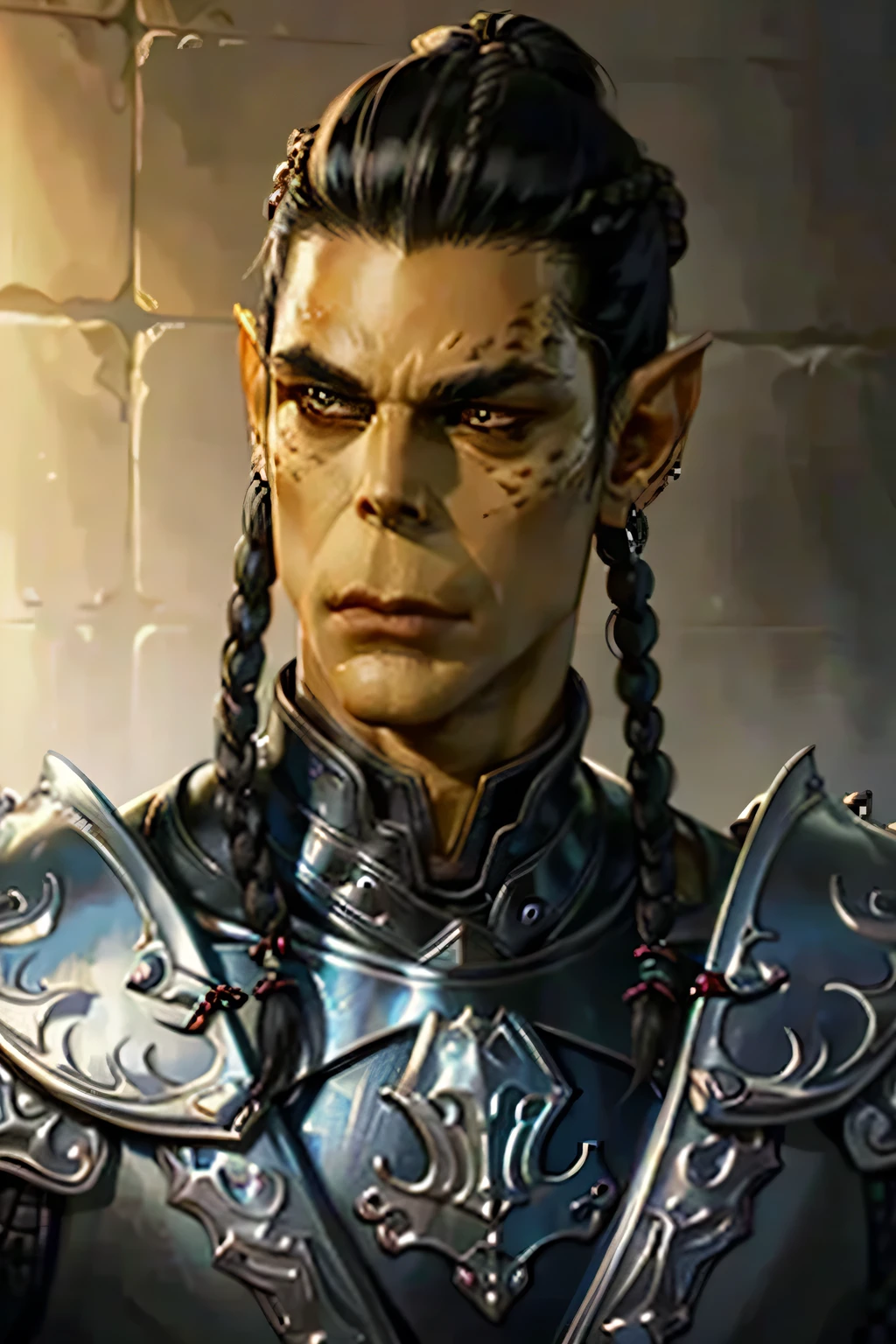 githyanki, solo, handsome, looking at viewer, male, black leather armor, black hair, small braids, bun, spiky earrings, male focus, portrait, hyperrealistic, intricately detailed, ((masterpiece, best quality)), art by greg rutkowski,