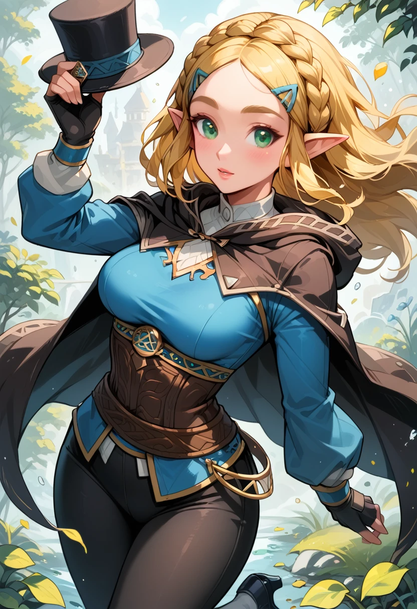 (extremely fine and beautiful:1.1), (perfect details:1.1), (finely detailed eyes and detailed face:1.3), ZeldaSDXL, Princess Zelda, narrow hips, medium breasts, slender thighs, small ears, pointy ears, braid, hair ornament, hairclip, gloves, black gloves, fingerless gloves, blue shirt, shirt, long sleeves, crown braid, bangs, green eyes, parted bangs, pants, black pants, blonde hair, short hair, long hair, cape, sidelocks, hood, thick eyebrows, jewelry, hooded cape, belt, tight pants, tight, puffy sleeves, ( lost path), black tap heels, white socks, while tap dancing, black top hat, black cane on her right hand