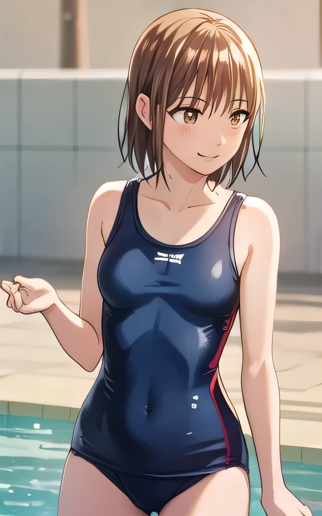 whole body，Cowboy Style, best quality ,(((( Kampala)))),    perfect lighting, (((  very detailed CG))), bangs,   school swimsuit , one piece swimsuit,  Brown Eyes , Brown Hair, ,  Gazing at the audience,  short hair,School，Pool,Outdoor