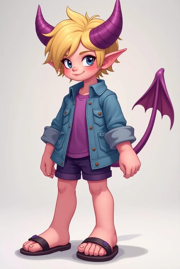  short haired blonde girl with a lock of purple hair , mole on the cheek,  wears a blue denim jacket with a purple shirt ,  wears sandals , purple shorts ,  have a cheerful expression ,  along with her has the spirit of a muscular pink demon with horns 