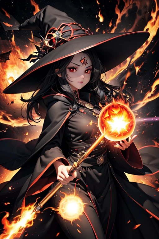 Realista 1.2, ((Black Hair　magic circle　sexy Witch Hat　Red eyes))　((explosion　Explosion　wand of flame　starのペンダント　fire　beam))　(Magic Robe　shine　star　Streaks of Light　Black Hole)　moon　彗star　incantation　Runes, seios grandes