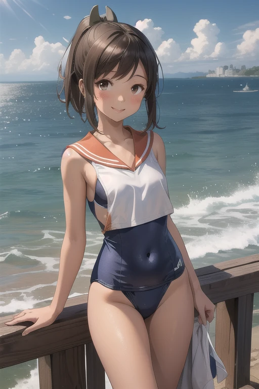 ((masterpiece)),(Best Quality),Official Art,  very detailed CG,  unity 8k Wallpaper  ,Super detailed, a lighthouse on a seaside cliff,One personの女の子,One person, cowboy shots,brown_hair,Dark Skin Tone,Sunburn,School_ swimsuit,brown_eye,smile,one piece_ swimsuit, swimsuit_Down_Clothes,Sailor_ color,short_hair,、幼児を _in_audience,,School_制Clothes,short_ ponytail,