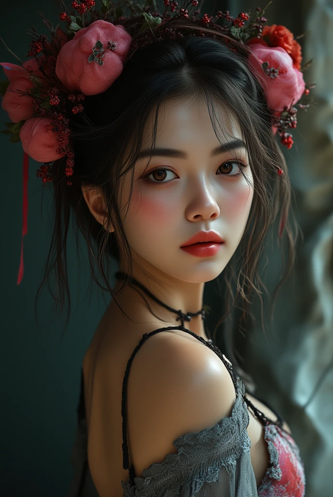 asian girl memo, in the style of cranberrycore, dark and chaotic, fairy kei, manticore, gothic dark intensity, emphasis on facial expression, vanitas, (best quality,4k,8k,highres,masterpiece:1.2),ultra-detailed,(realistic,photorealistic,photo-realistic:1.37),