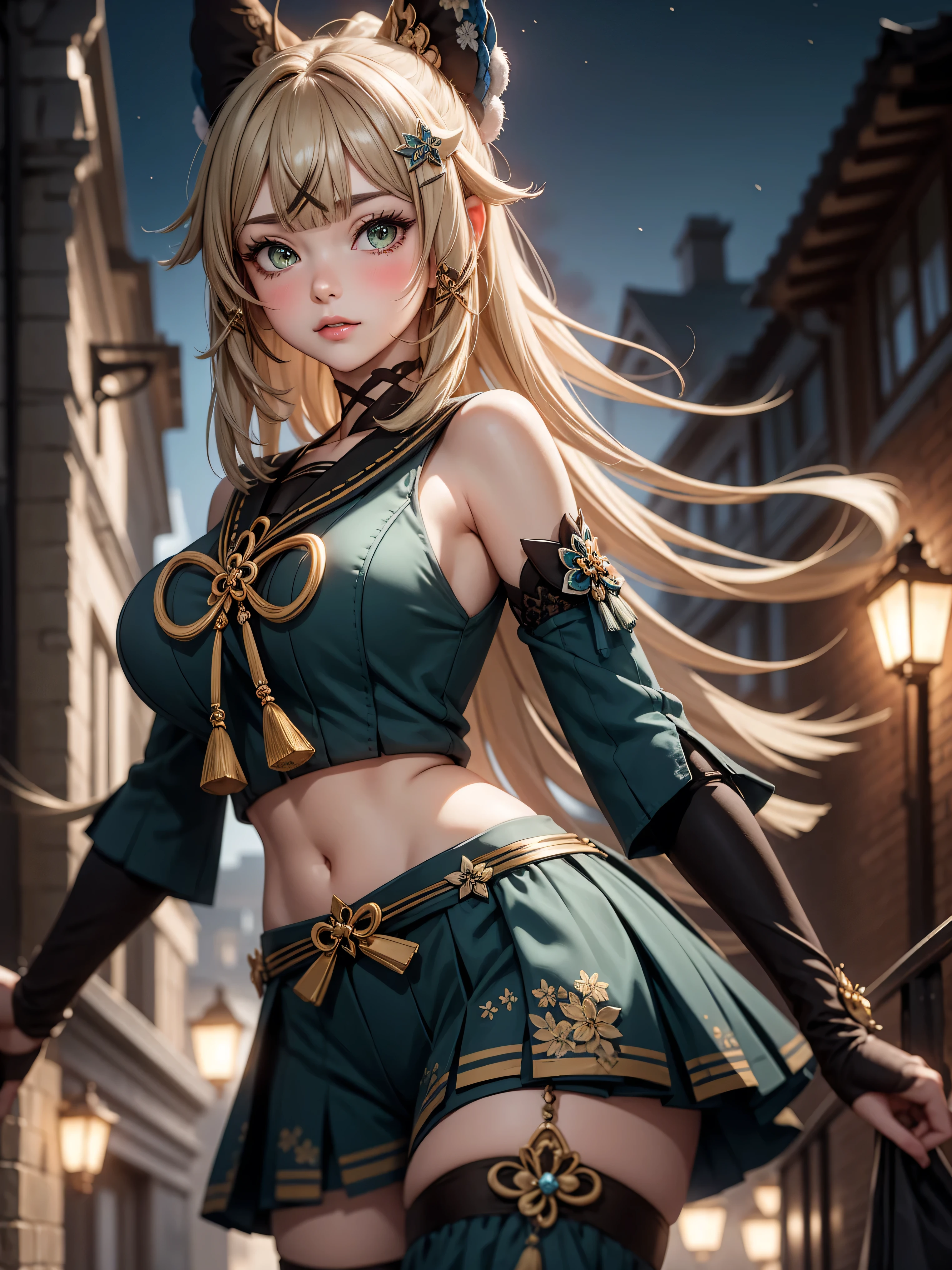 Masterpiece, high quality, blurry background, hd, 4k, night,kiraradef, (gigantic breasts), outdoors, standing, blush, looking at viewer, dynamic poses, 