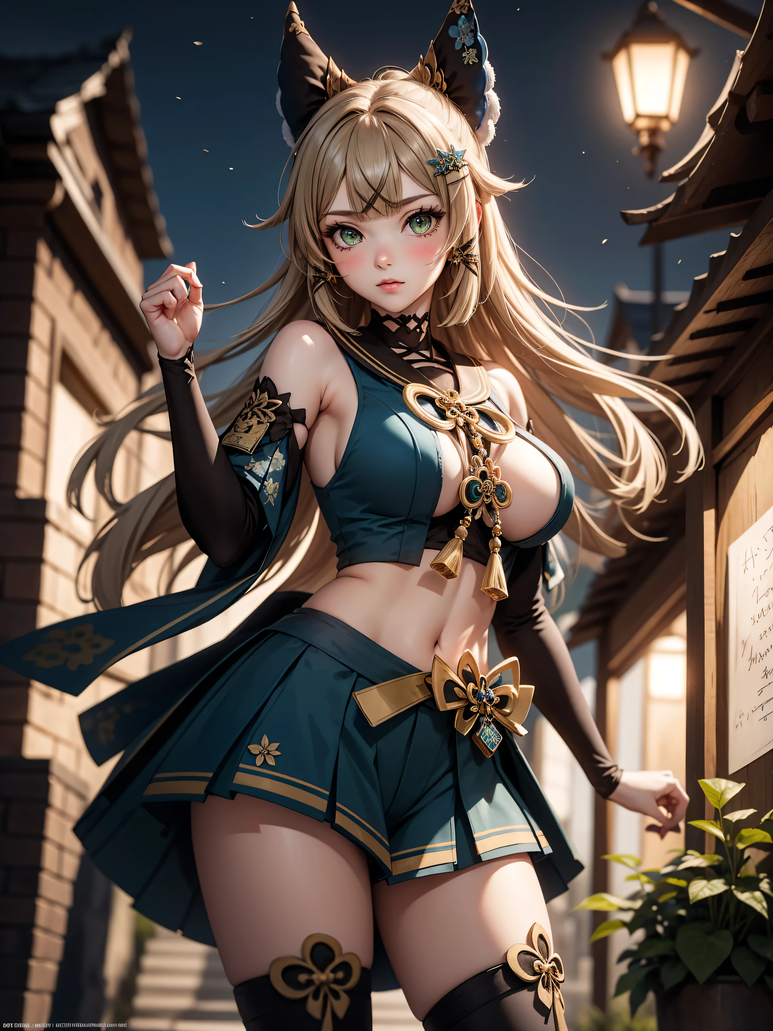 Masterpiece, high quality, blurry background, hd, 4k, night,kiraradef, (gigantic breasts), outdoors, standing, blush, looking at viewer, dynamic poses, 