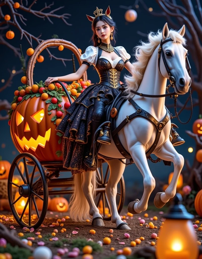 In a breathtaking western fantasy setting, a white horse soars through the star-studded night sky, effortlessly towing a whimsical pumpkin-shaped carriage adorned with fluttering petals. Beautiful Princess sits regally within, her porcelain complexion illuminated by the soft glow of candlelight that casts an ethereal ambiance. As the carriage drifts amidst the celestial canvas, the horse's gleaming skin shimmer in contrast to the velvety blackness, while the delicate petals float gently downward, their trajectory a testament to the cinematic mastery of light and composition