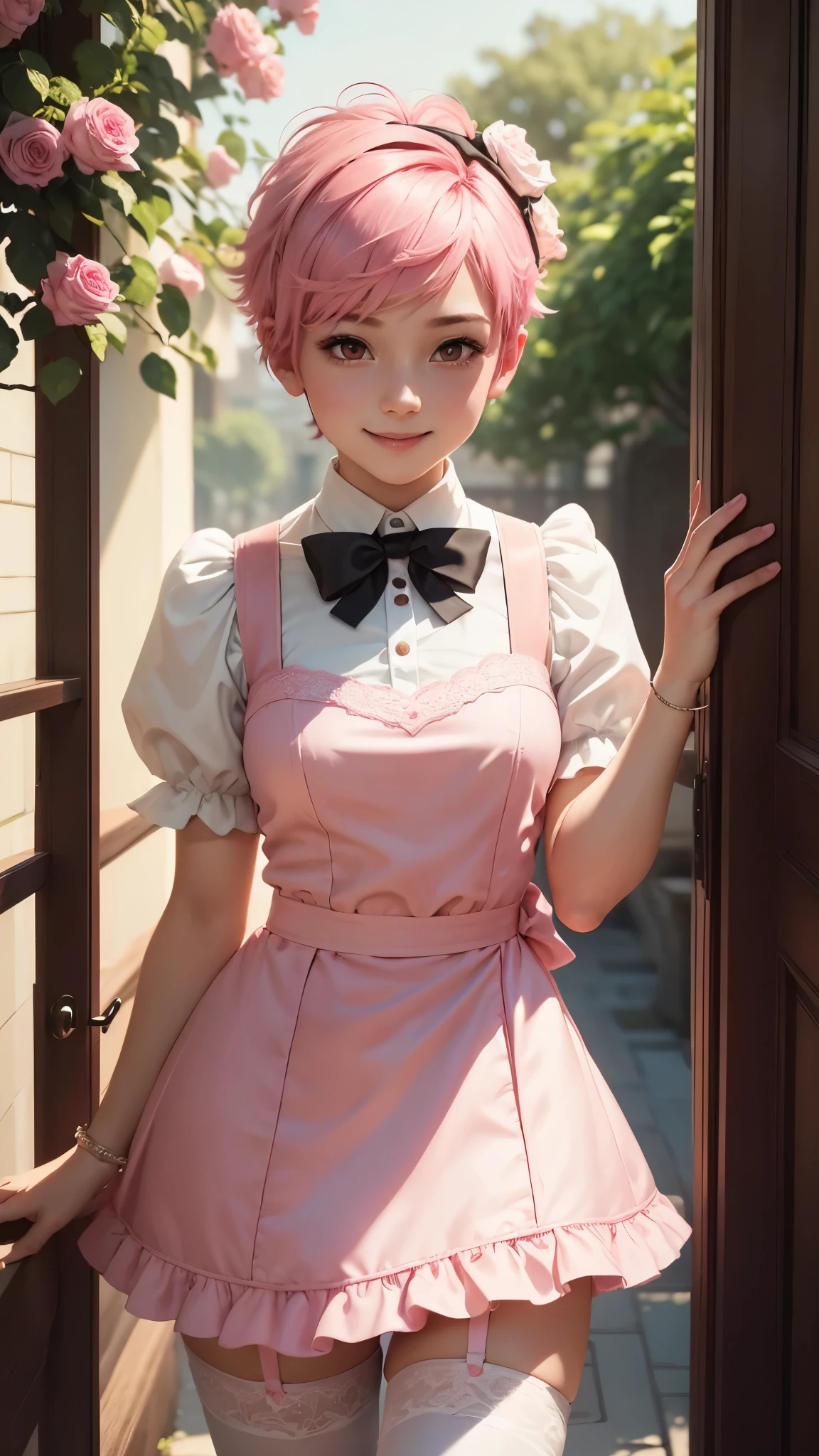 1 boy,cute,pink hair,mischievous smile,conjunctivitis,bow tie,short hair,Swipe left,earring, pink dress,shorts,voluptuous,rose garden,Rich people&#39;s house