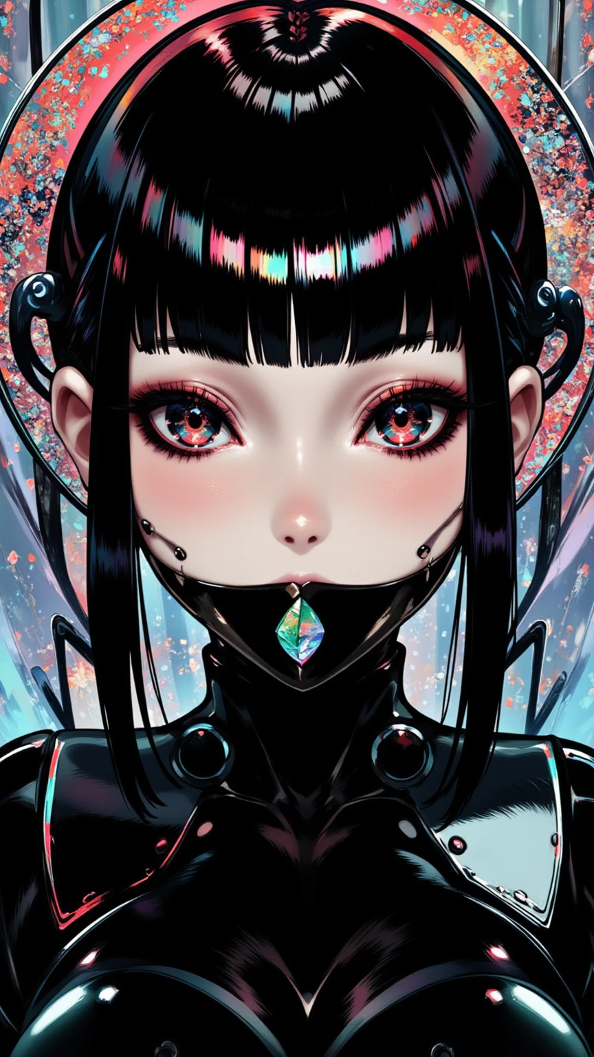 ((best quality)), ((masterpiece)), (detailed), perfect face of cyberpunk mecha japanese girl, young, pure, pale, face blush, big shiny black eyes, shiny black body, shiny black hair, ((monochromatic black color palette)), surreal, art nouveau, in the illustrative style of moebius, spaceships, aliens, fantasy, sci-fi, graphic novel, line drawing, french retro, bizarre, gallery worthy, work of uncanny art, goth_punk, Neon light, Iridescent eyes, Black shimmering hair, Black eyebrows, Radiant hair, blunt bangs, mouth mask, Red Eyes, hair adornments, Look at viewers, short hair, side locks
