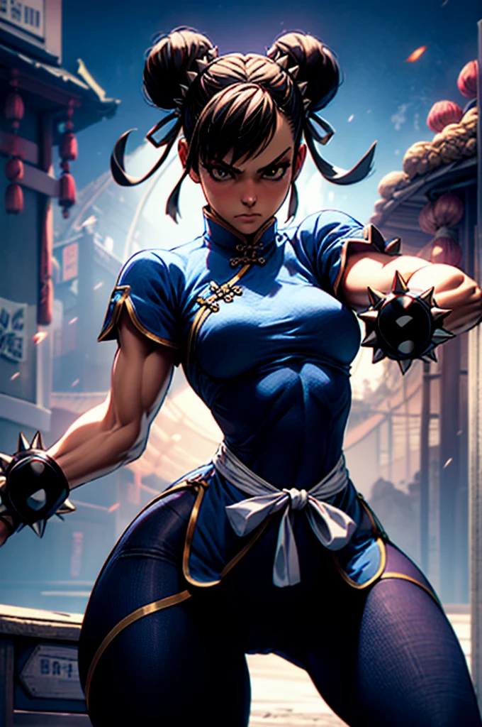 1 girl, Alone, cuerpo completo, Chun-Li, dynamic posture, spiked bracelet,  transparent black tights , fighting stance, Chinese street,  Big breasts, wide hips,  small waist,  masterpiece , UHD, 8K,  The best quality  