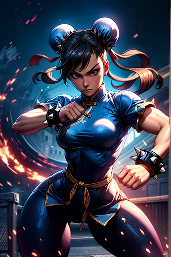 1 girl, Alone, cuerpo completo, Chun-Li, dynamic posture, spiked bracelet,  transparent black tights , fighting stance, Chinese street,  Big breasts, wide hips,  small waist,  masterpiece , UHD, 8K,  The best quality  