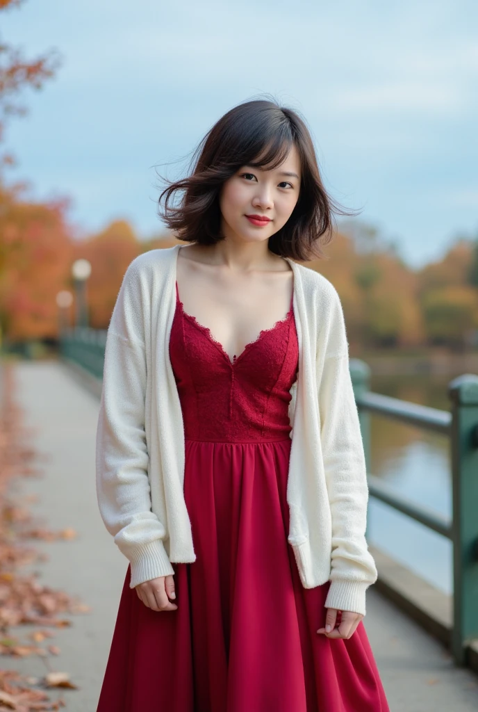 photorealistic, Real Photo, anatomically correct, accurate, textured skin, super detail, whole body, 1 girl, beautiful Japanese girl, look at viewer, light smile, Natural Makeup, Short hair swaying in the wind, medium breasts, Cleavage, Glamorous Body, Plum Thighs, Seductive pose, (A deep red long dress with lace), BREAK, (White short-length cardigan worn over a dress), (Crossing the bridge over the pond), (Lakeside in autumn with autumn leaves:1.4), A pleasant breeze, natural lighting, (backlighting), (face light), autumn red theme, blue sky, blurred background, depth of field, UHD, 8k