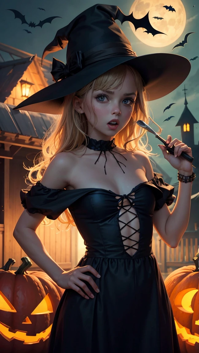 <(realistic:1.4), (extremely intricate:1.2)>, 1girl, solo, one eye closed, hat flower, star (symbol), long hair, smile, witch hat, frills, red flower, white bow, long sleeves, blonde hair, single braid, red rose, looking at viewer, black headwear, center frills, bowtie, bangs, closed mouth, hands up, BREAK, <(exquisitely detailed skin:1.3), cinematic light, rim lighting, ultra high res, best shadow, delicate>