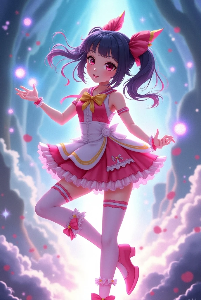 (((Panty shot)))、mini skirt、(((Rainbow Magical Girl Costume))、Beauty、(((Purple Hair Ponytail)))、((whole body))、(((photo taken from below)))、night sky
