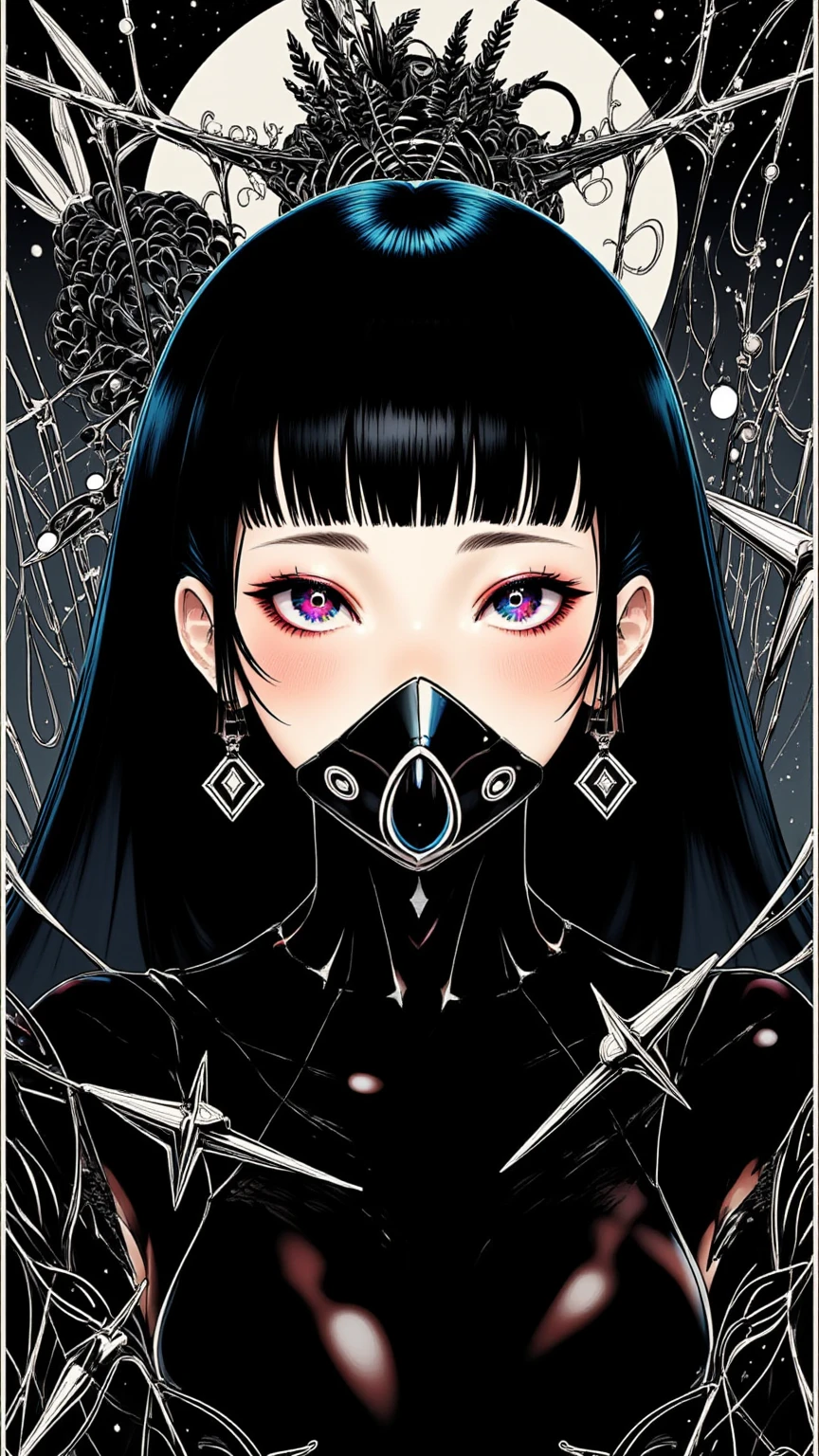 ((best quality)), ((masterpiece)), (detailed), perfect face of cyberpunk mecha japanese girl, young, pure, pale, face blush, big shiny black eyes, shiny black body, shiny black hair, ((monochromatic black color palette)), surreal, art nouveau, in the illustrative style of moebius, spaceships, aliens, fantasy, sci-fi, graphic novel, line drawing, french retro, bizarre, gallery worthy, work of uncanny art, goth_punk, Neon light, Iridescent eyes, Black shimmering hair, Black eyebrows, Radiant hair, blunt bangs, mouth mask, Red Eyes, hair adornments, Look at viewers, short hair, side locks
