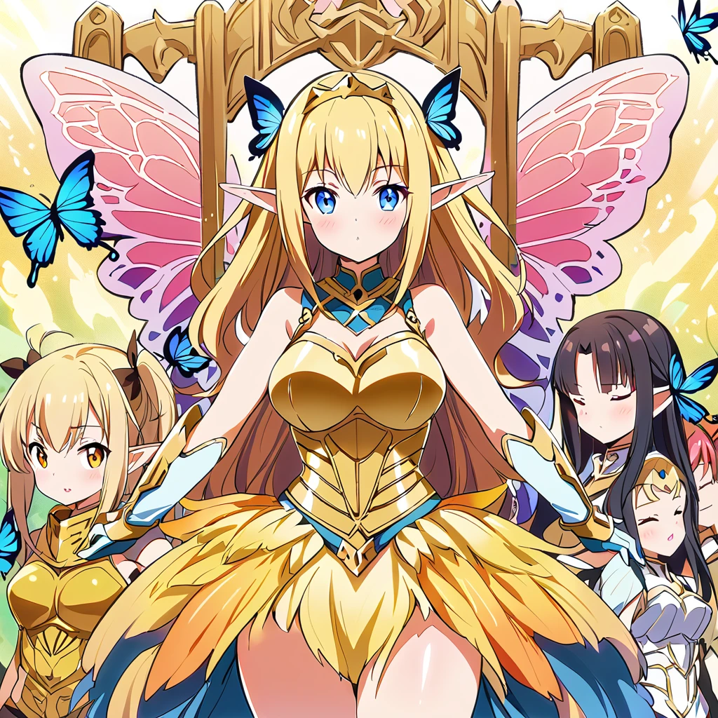 Anime, fairy girls, elf's ears, butterfly's wings, body-armor, detailed body-armors, curvy body, multiple girls,  girls surrounding, background a Golden palace