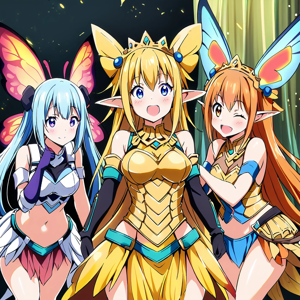 Anime, fairy girls, elf's ears, butterfly's wings, body-armor, detailed body-armors, curvy body, multiple girls,  girls surrounding, background a Golden palace