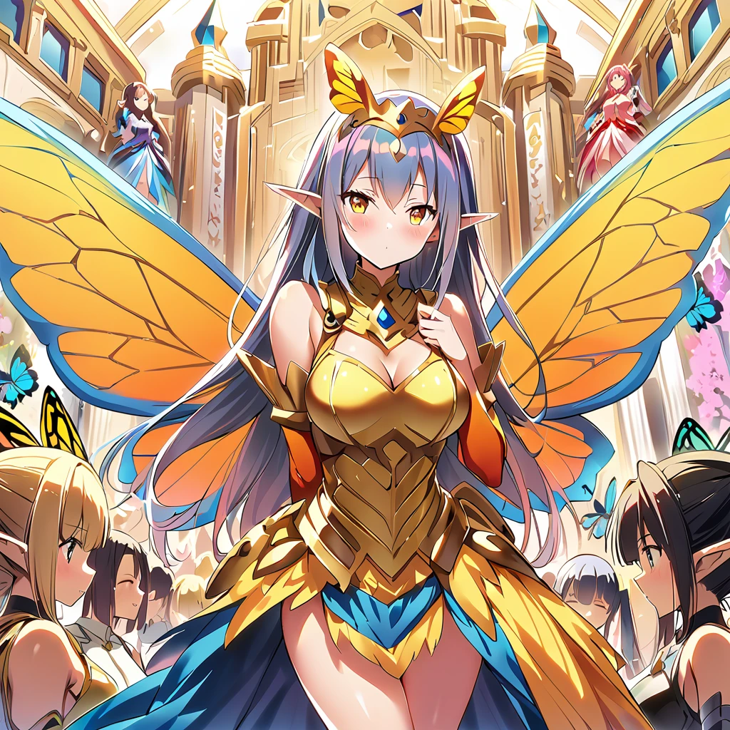 Anime, fairy girls, elf's ears, butterfly's wings, body-armor, detailed body-armors, curvy body, multiple girls,  girls surrounding, background a Golden palace