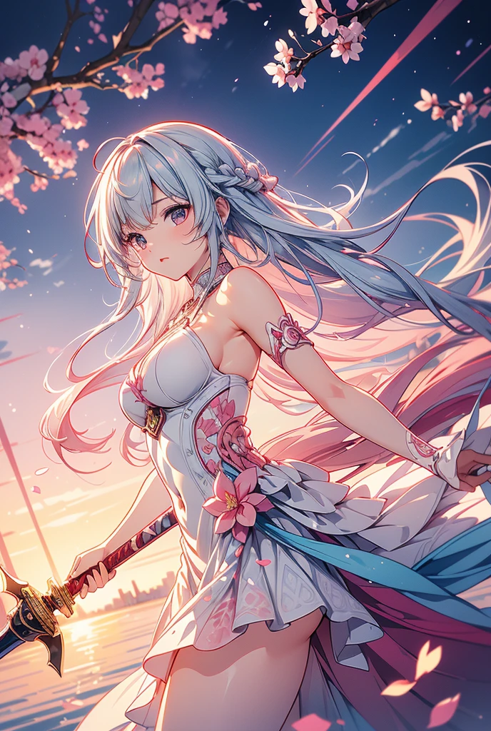 best quality:1.5), (ultra-detailed:1.5), (()), ((best quality)), (high resolution), (illustration), (an extremely delicate and beautiful), (ultra detailed beautiful face and eyes), 1girl, leaning forward sharp focus, ray tracing, 1girl, silky hair, multicolored hair, Whitehair(innercolorCherryblossom )background(sakura tree, day light), eye color(White pink, high definition,)inner eye (sakura),volumetric lightning, super_long_hair、have a weapon(katana)、naked looking_all(score_9:1.2), (score_8_up:1.2), (score_7_up:1.2),solo,Perfect anatomy,(one cute girl:1.3),(Line art:1.3),(Soft atmosphere:1.3),perfect anatomy,(A soft anime-style image capturing a delicate and ephemeral atmosphere),Enhance the anime screencap by adding a watercolor background, further elevating the dreamy and ethereal aesthetic. This scene, now rendered in 16k wallpaper resolution, merges the delicate beauty of the girl with pale skin and natural hair with a soft, lush watercolor landscape.The natural big breast  ,super intricately designed transparent super dress armor and her captivating eyes are set against a backdrop that mimics the fluid, blending colors of a watercolor painting, adding a layer of artistic depth and emotion. The perspective from above at a dutch angle, combined with the watercolor effect, creates a composition that feels like a floating, dream-like world, glowing aura around her are now part of a canvas that blends reality with imagination, inviting the viewer to step into a tranquil world of soft hues and poetic beauty, all encapsulated within a serene, BREAK,(best quality:1.3),(best masterpiece:1.3),(very aesthetic:1.2),(absurdres:1.2),newest,(intricate details:1.2),ai-generated,absurdres extremely detailed CG,depth of field,dynamic angle,dynamic pose、groin、
muscular female, fit, abs, leg muscles, arm muscle、