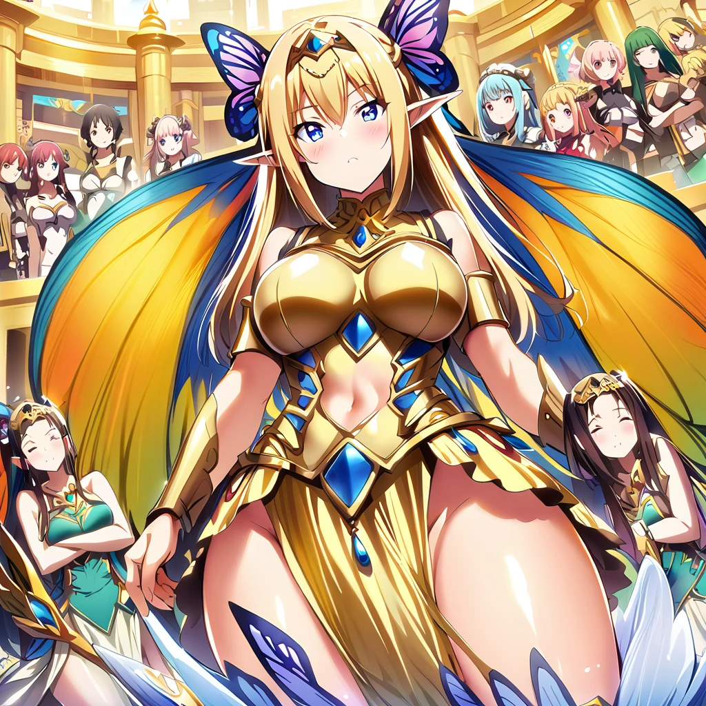 Anime, fairy girls, elf's ears, butterfly's wings, body-armor, detailed body-armors, curvy body, multiple girls,  girls surrounding, background a Golden palace