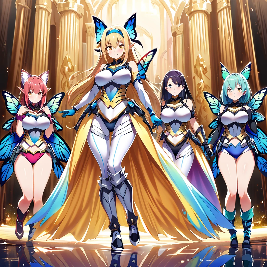 Anime, fairy girls, elf's ears, butterfly's wings, body-armor, detailed body-armors, curvy body, multiple girls,  girls surrounding, background a Golden palace