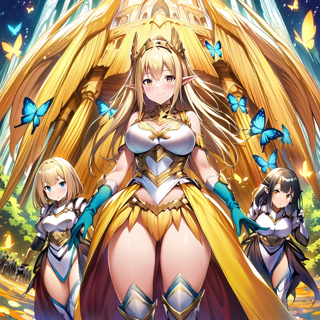 Anime, fairy girls, elf's ears, butterfly's wings, body-armor, detailed body-armors, curvy body, multiple girls,  girls surrounding, background a Golden palace