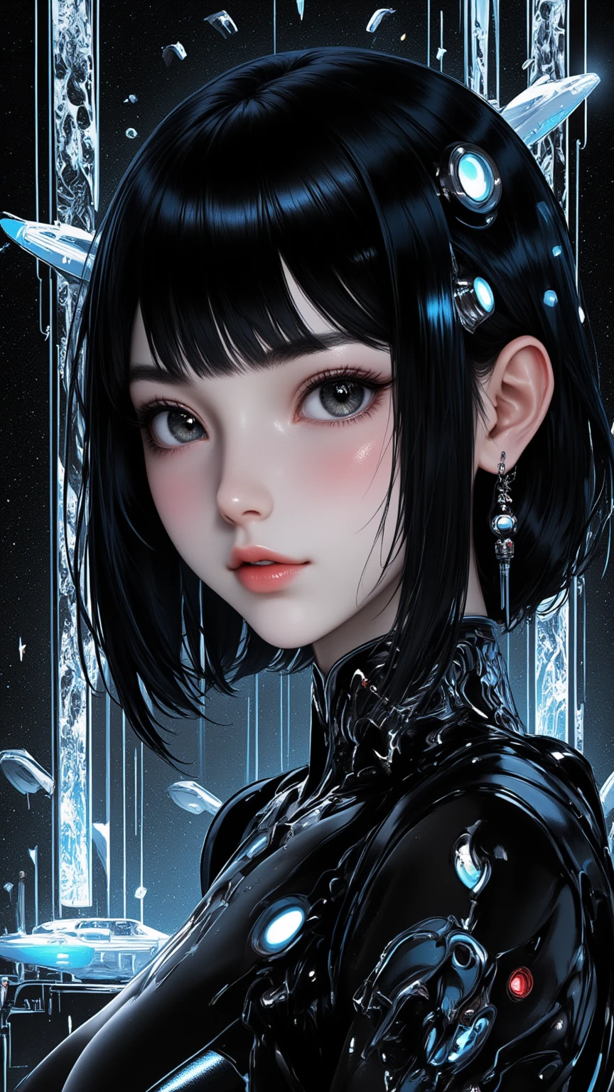 ((best quality)), ((masterpiece)), (detailed), perfect face of cyberpunk mecha japanese girl, young, pure, pale, face blush, big shiny black eyes, shiny black body, shiny black hair, ((monochromatic black color palette)), surreal, art nouveau, in the illustrative style of moebius, spaceships, aliens, fantasy, sci-fi, graphic novel, line drawing, french retro, bizarre, gallery worthy, work of uncanny art, goth_punk, Neon light, Iridescent eyes, Black shimmering hair, Black eyebrows, Radiant hair, blunt bangs, Red Eyes, hair adornments, Look at viewers, short hair, side locks
