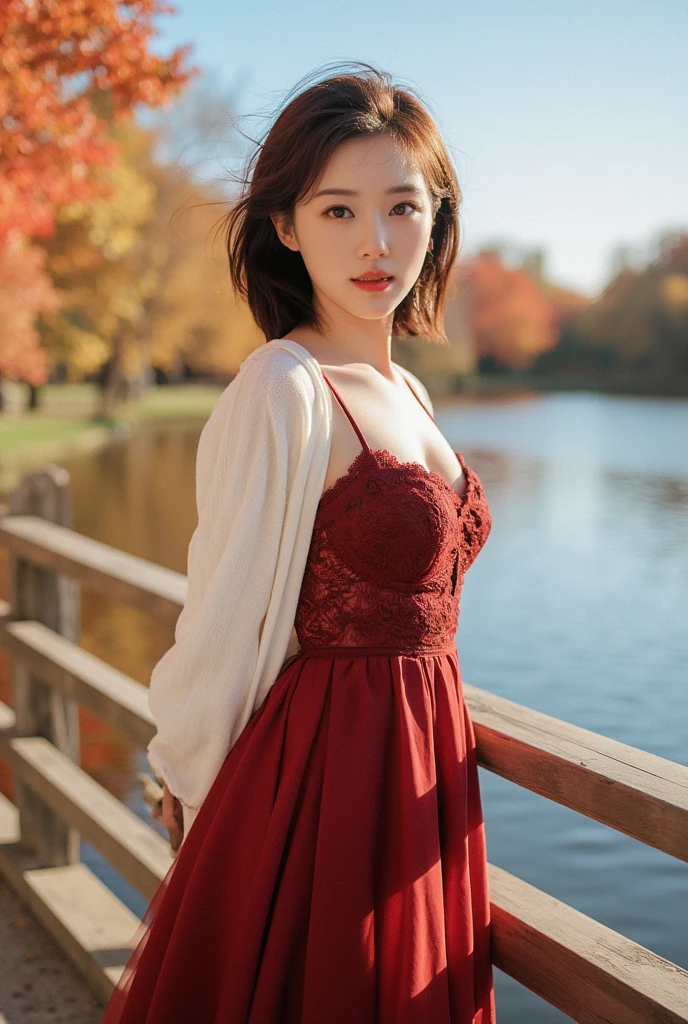 photorealistic, Real Photo, anatomically correct, accurate, textured skin, super detail, whole body, 1 girl, beautiful Japanese girl, look at viewer, light smile, Natural Makeup, Short hair swaying in the wind, medium breasts, Cleavage, Glamorous Body, Plum Thighs, Seductive pose, (A deep red long dress with lace), BREAK, (White short-length cardigan worn over a dress), (Crossing the bridge over the pond), (Lakeside in autumn with autumn leaves:1.4), A pleasant breeze, natural lighting, (backlighting), (face light), autumn red theme, blue sky, blurred background, depth of field, UHD, 8k