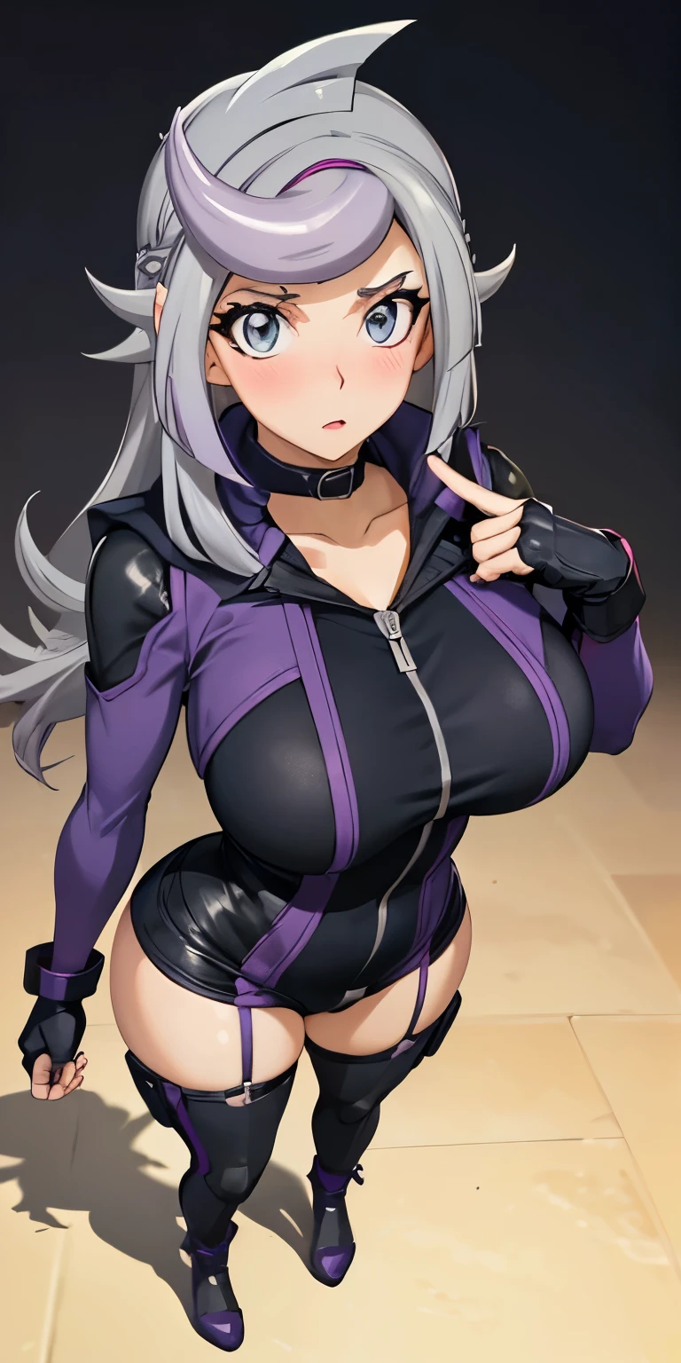 1 Female,High definition,high resolution,Ultra-realistic,8K, 1girl,  (emma_bessho:1.2),  (grey hair:1.2),(  purple hair:1.2),  grey eyes,  low-tied long hair,  (large breasts:1.2),  (wide hips:1.2),  (purple bodysuit:1.2),  (long sleeves:1.2),  pants,  (black gloves,  fingerless gloves:1.2),large breasts, black boots,large breasts,European,sexy,Upper body close-up,Photographed from the front,Dynamic Angles,private teacher,A little sheer underwear,blue underwear,blush, big tits ,(top view),(full body), perfect face,cute face