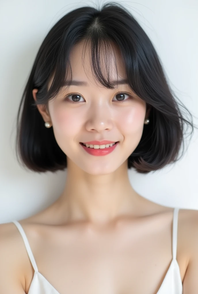 ((High-quality photos)), Japanese woman portrait,1 person, (Photorealistic photography: 1.4), Alone,( Rule of Thirds composition ),  white background, snow-  white background,  mouth, Happy smile, Pretty Black Hair,  short hair, Big Eyes,  clear double eyelids , eyelash, Ears, Absolute territory, (( face close-up )), (Draw the whole head,  Shoulder ), 30 years old, Attractive ratio,  shiny skin, Clean collarbone, Golden ratio face,  perfect face, Teardrop-shaped moles, Chest bruise, bangs, clean bangs, beautiful bangs,  lip gloss, Thin lips, Pale skin, naked, Small breasts, Small Face, All the heads are painted,  Shoulder  all drawn,  staring at camera slightly upward