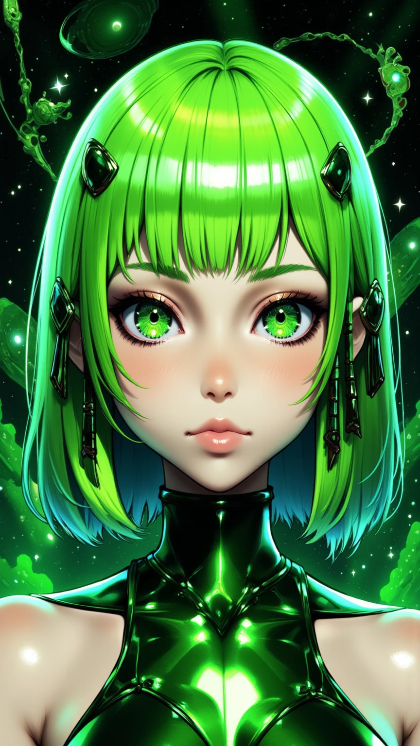 ((best quality)), ((masterpiece)), (detailed), perfect face of cyberpunk mecha japanese girl, young, pure, pale, face blush, big shiny green eyes, shiny green body, shiny green hair, ((monochromatic green color palette)), surreal, art nouveau, in the illustrative style of moebius, spaceships, aliens, fantasy, sci-fi, graphic novel, line drawing, french retro, bizarre, gallery worthy, work of uncanny art, goth_punk, Neon light, Iridescent eyes, Black shimmering hair, Black eyebrows, Radiant hair, blunt bangs, hair adornments, Look at viewers, short hair, side locks
