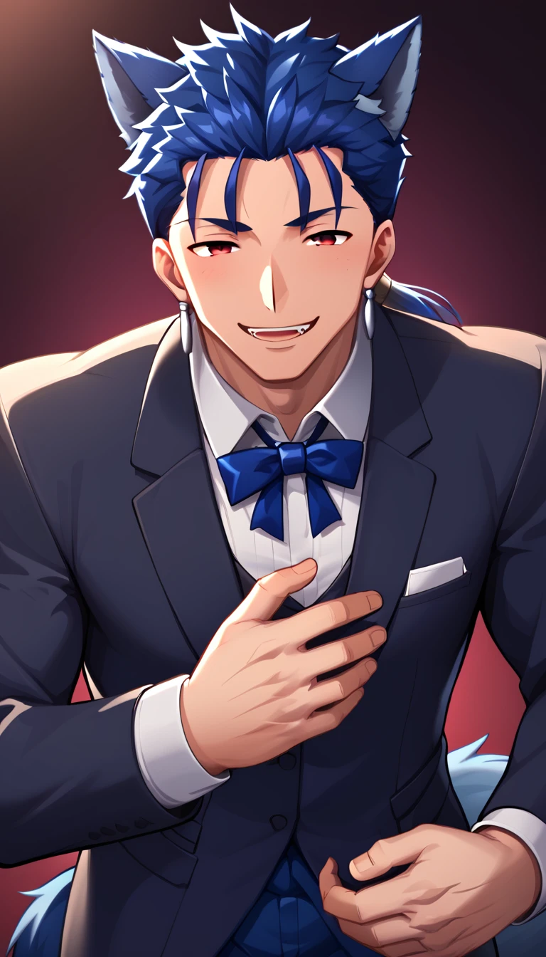 Cu Chulainn Blue Lancer a man dressed as a butler with blue wolf ears and tail with a good face, red eyes, a good body with little musculature and long blue hair with a ponytail at the nape of his neck and anime earrings with an orgasmic smile doing a wolf pose with a Halloween background.