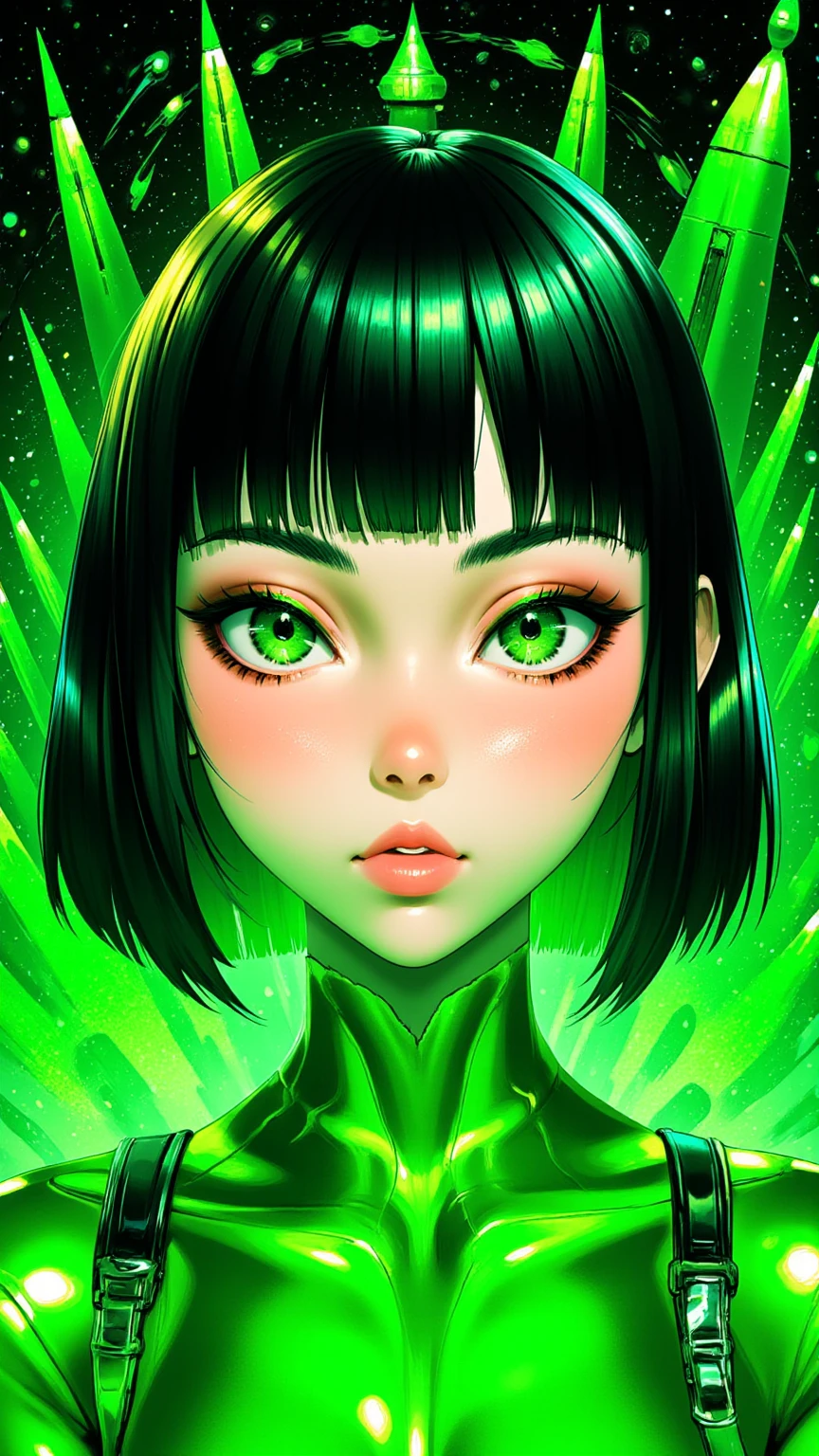 ((best quality)), ((masterpiece)), (detailed), perfect face of cyberpunk mecha japanese girl, young, pure, pale, face blush, big shiny green eyes, shiny green body, shiny green hair, ((monochromatic green color palette)), surreal, art nouveau, in the illustrative style of moebius, spaceships, aliens, fantasy, sci-fi, graphic novel, line drawing, french retro, bizarre, gallery worthy, work of uncanny art, goth_punk, Neon light, Iridescent eyes, Black shimmering hair, Black eyebrows, Radiant hair, blunt bangs, hair adornments, Look at viewers, short hair, side locks
