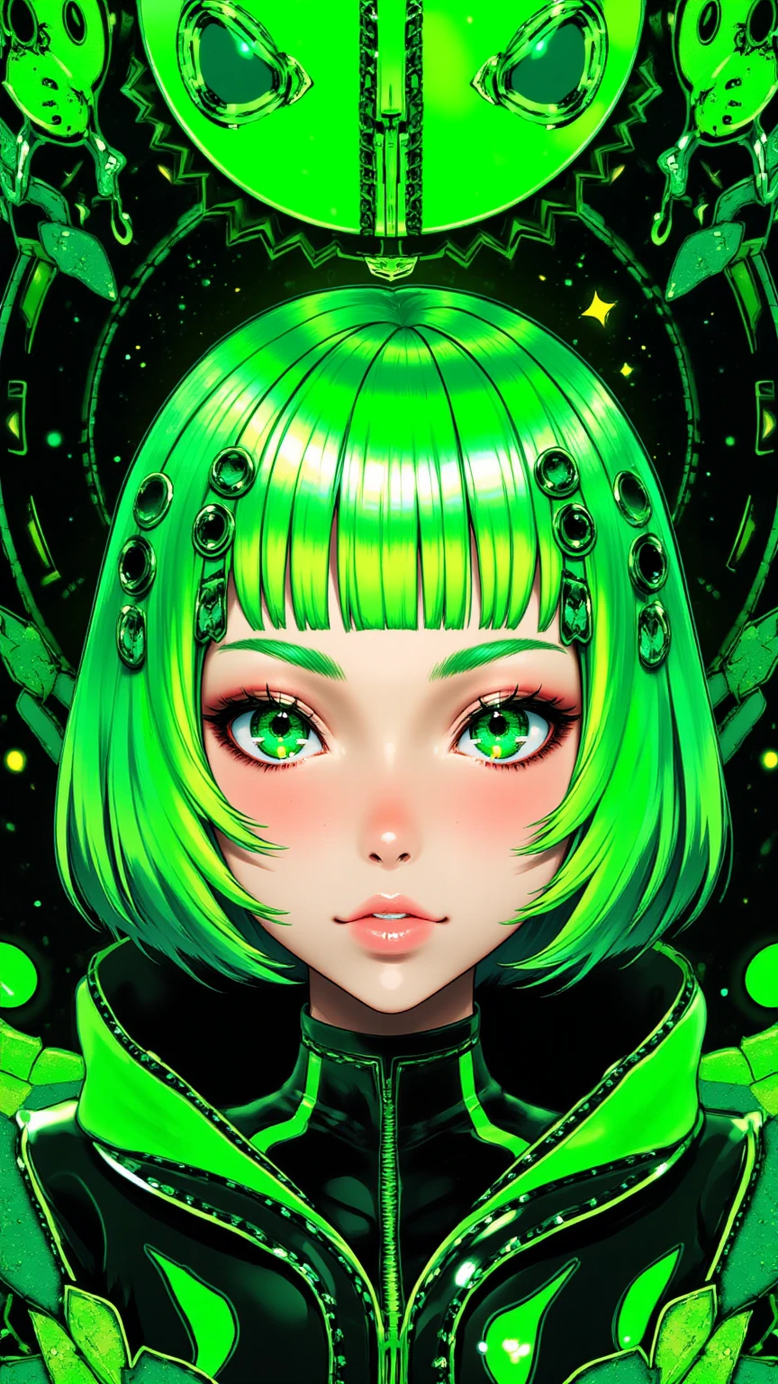 ((best quality)), ((masterpiece)), (detailed), perfect face of cyberpunk mecha japanese girl, young, pure, pale, face blush, big shiny green eyes, shiny green body, shiny green hair, ((monochromatic green color palette)), surreal, art nouveau, in the illustrative style of moebius, spaceships, aliens, fantasy, sci-fi, graphic novel, line drawing, french retro, bizarre, gallery worthy, work of uncanny art, goth_punk, Neon light, Iridescent eyes, Black shimmering hair, Black eyebrows, Radiant hair, blunt bangs, hair adornments, Look at viewers, short hair, side locks
