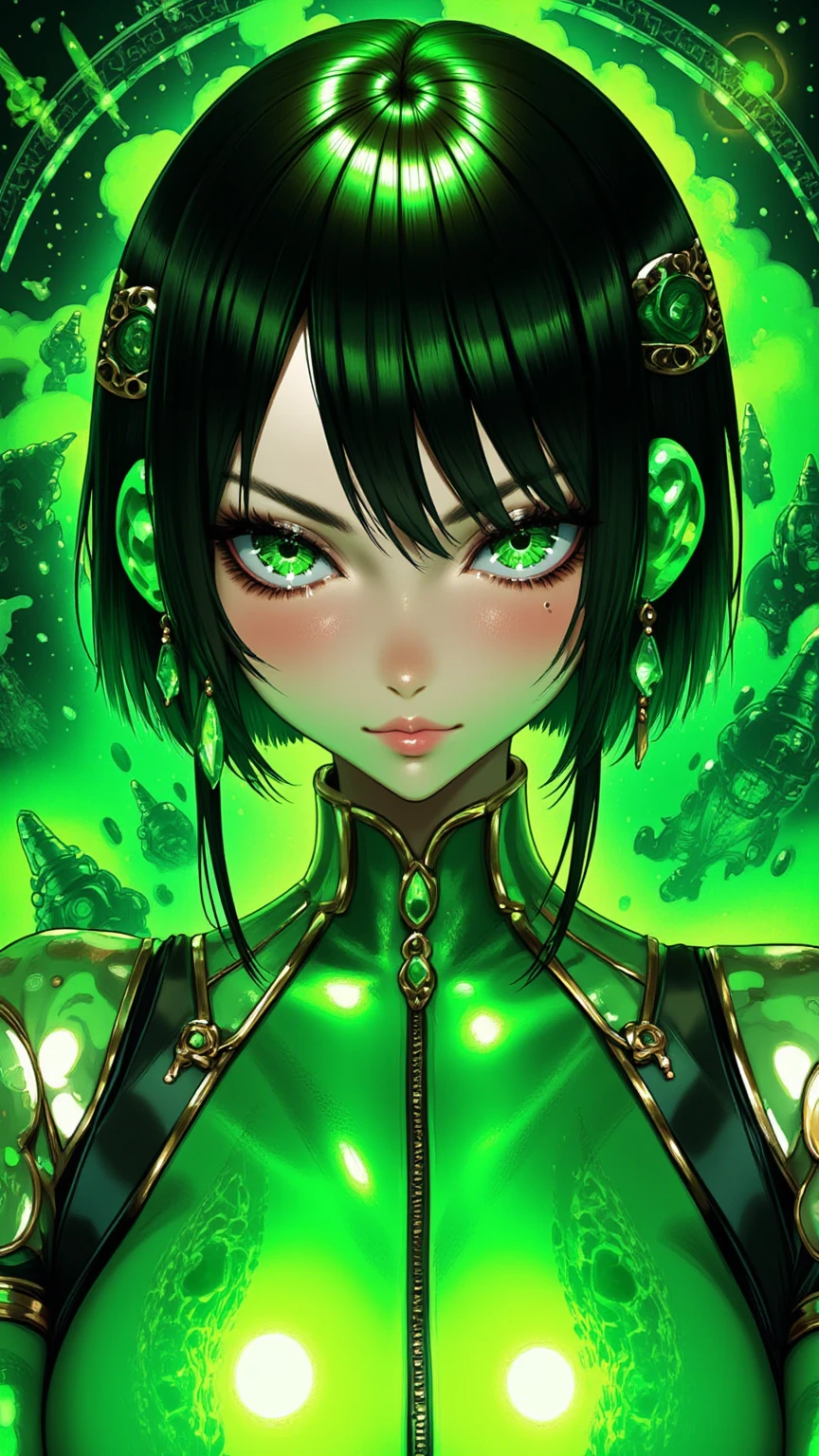 ((best quality)), ((masterpiece)), (detailed), perfect face of cyberpunk mecha japanese girl, young, pure, pale, face blush, big shiny green eyes, shiny green body, shiny green hair, ((monochromatic green color palette)), surreal, art nouveau, in the illustrative style of moebius, spaceships, aliens, fantasy, sci-fi, graphic novel, line drawing, french retro, bizarre, gallery worthy, work of uncanny art, goth_punk, Neon light, Iridescent eyes, Black shimmering hair, Black eyebrows, Radiant hair, blunt bangs, hair adornments, Look at viewers, short hair, side locks
